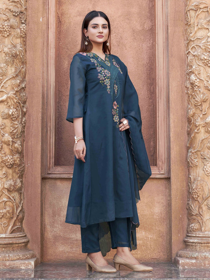 Teal-Blue-Organza-Multicolor-V-Neck-A-Line-3-Piece-Kurta-Set