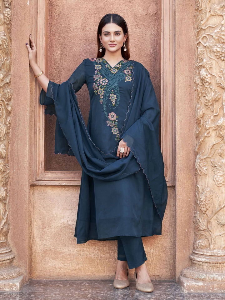 Teal-Blue-Organza-Multicolor-V-Neck-A-Line-3-Piece-Kurta-Set