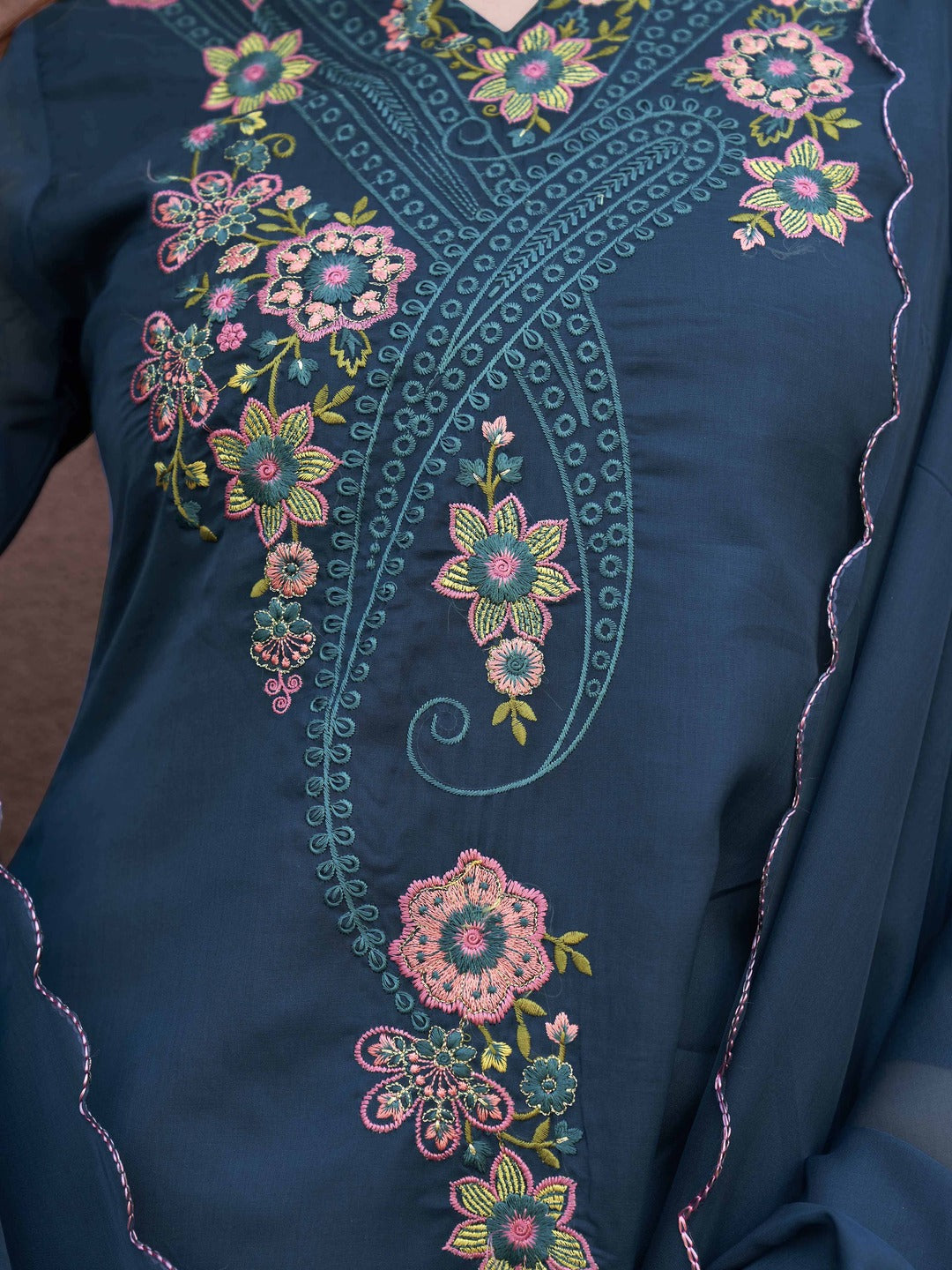 Teal-Blue-Organza-Multicolor-V-Neck-A-Line-3-Piece-Kurta-Set