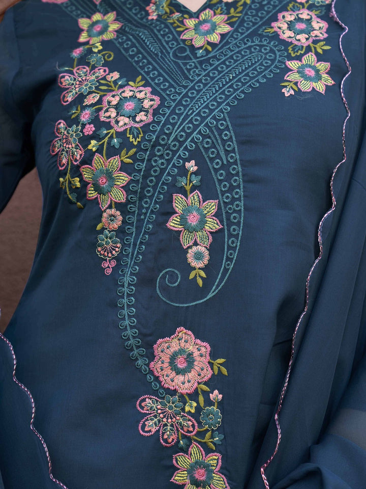 Teal-Blue-Organza-Multicolor-V-Neck-A-Line-3-Piece-Kurta-Set