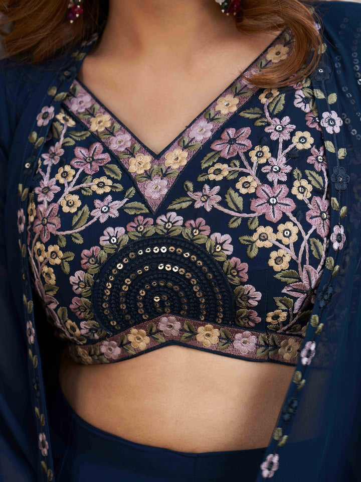 Teal-Color-Georgette-Crop-Top,-Skirt-with-Shrug