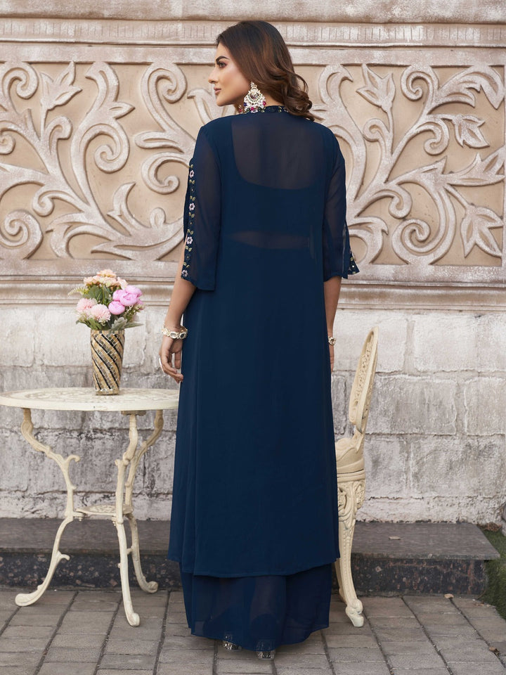 Teal-Color-Georgette-Crop-Top,-Skirt-with-Shrug