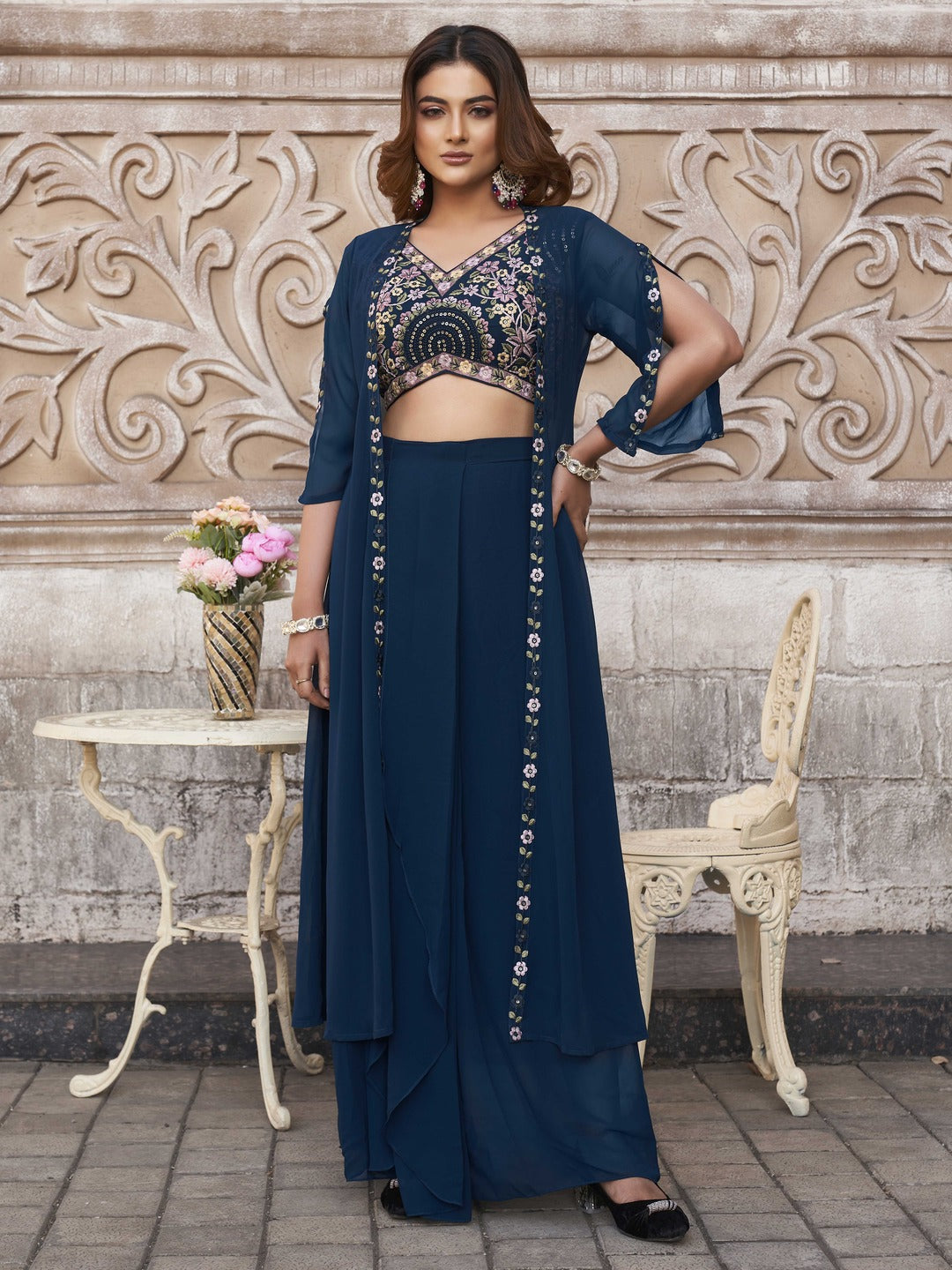 Teal-Color-Georgette-Crop-Top,-Skirt-with-Shrug