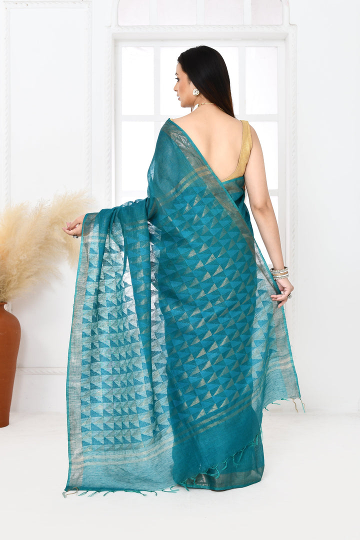 Teal-Green-Tussar-Linen-Handloom-Saree-With-Woven-Zari-Pallu