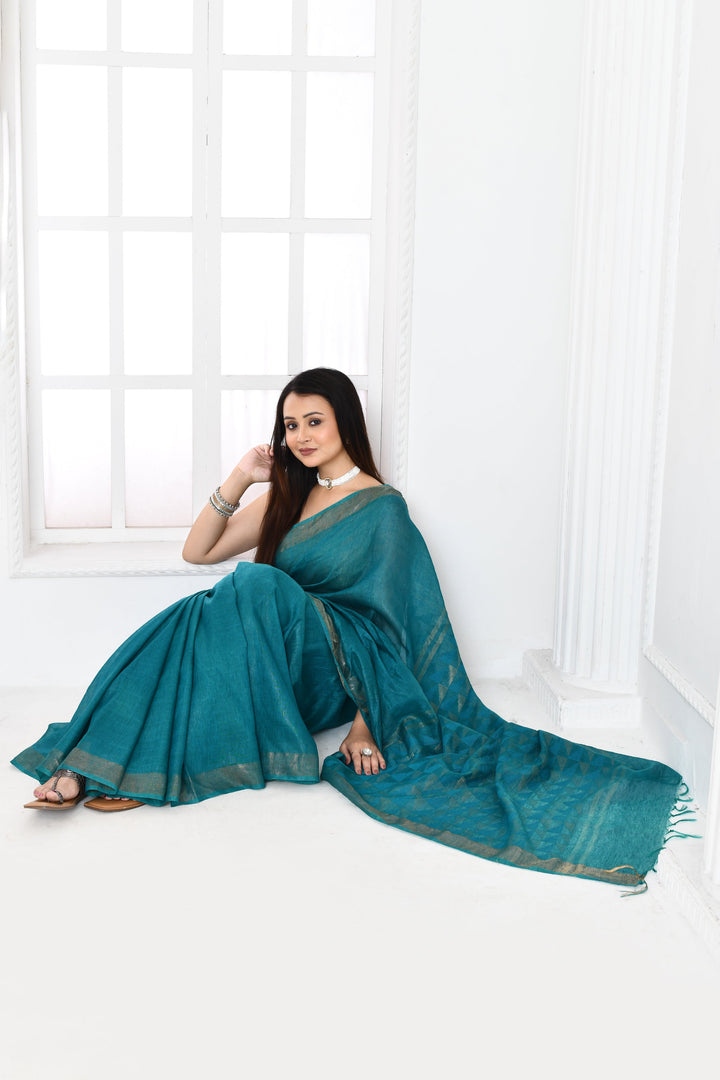 Teal-Green-Tussar-Linen-Handloom-Saree-With-Woven-Zari-Pallu