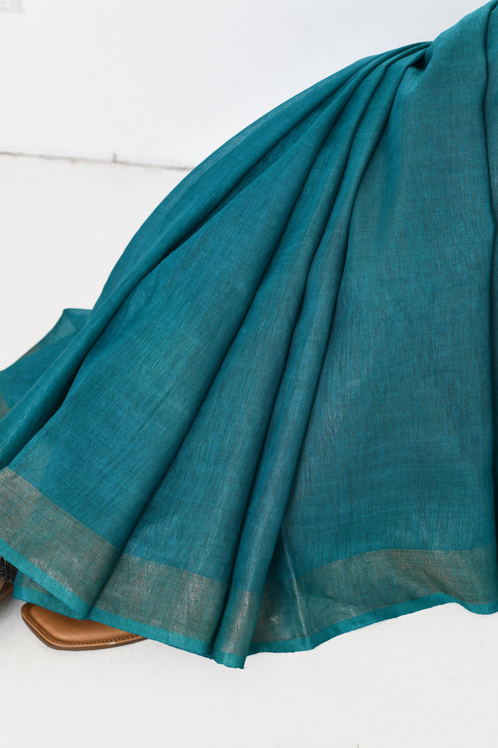 Teal-Green-Tussar-Linen-Handloom-Saree-With-Woven-Zari-Pallu