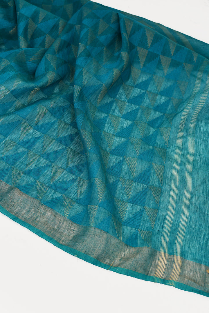 Teal-Green-Tussar-Linen-Handloom-Saree-With-Woven-Zari-Pallu