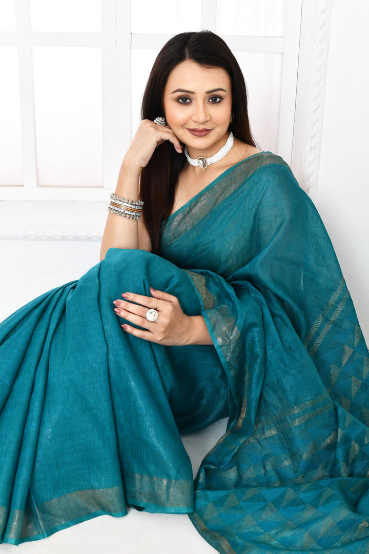 Teal-Green-Tussar-Linen-Handloom-Saree-With-Woven-Zari-Pallu