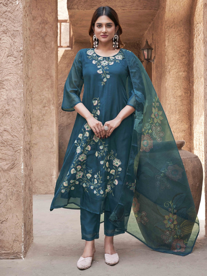 Teal-Organza-Embroidered-&-Printed-A-Line-3-Piece-Kurta-Set