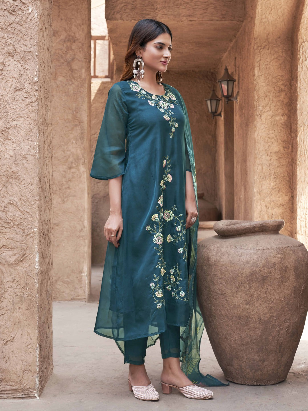 Teal-Organza-Embroidered-&-Printed-A-Line-3-Piece-Kurta-Set