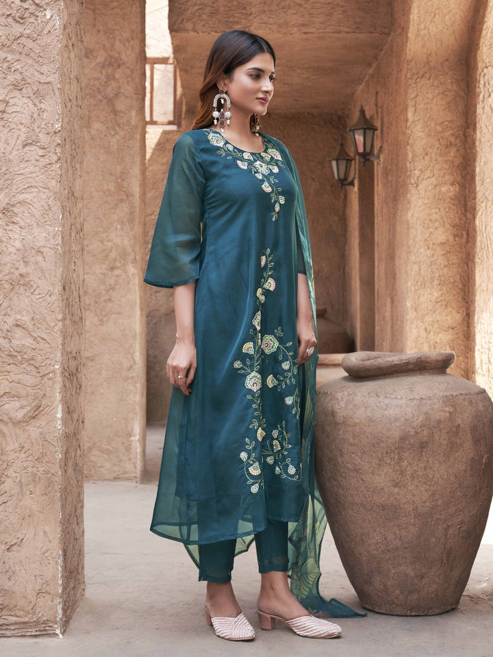 Teal-Organza-Embroidered-&-Printed-A-Line-3-Piece-Kurta-Set