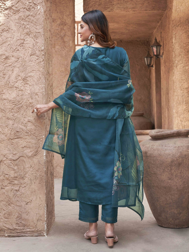 Teal-Organza-Embroidered-&-Printed-A-Line-3-Piece-Kurta-Set