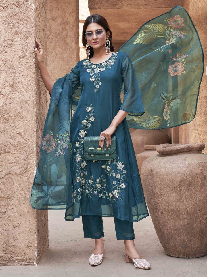 Teal-Organza-Embroidered-&-Printed-A-Line-3-Piece-Kurta-Set