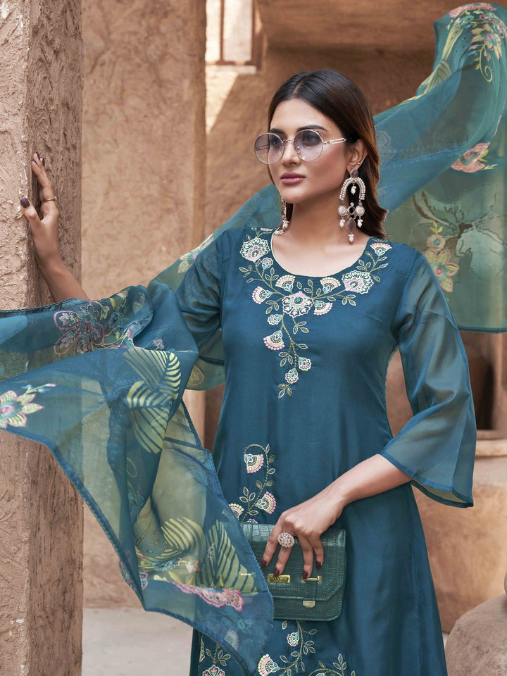 Teal-Organza-Embroidered-&-Printed-A-Line-3-Piece-Kurta-Set