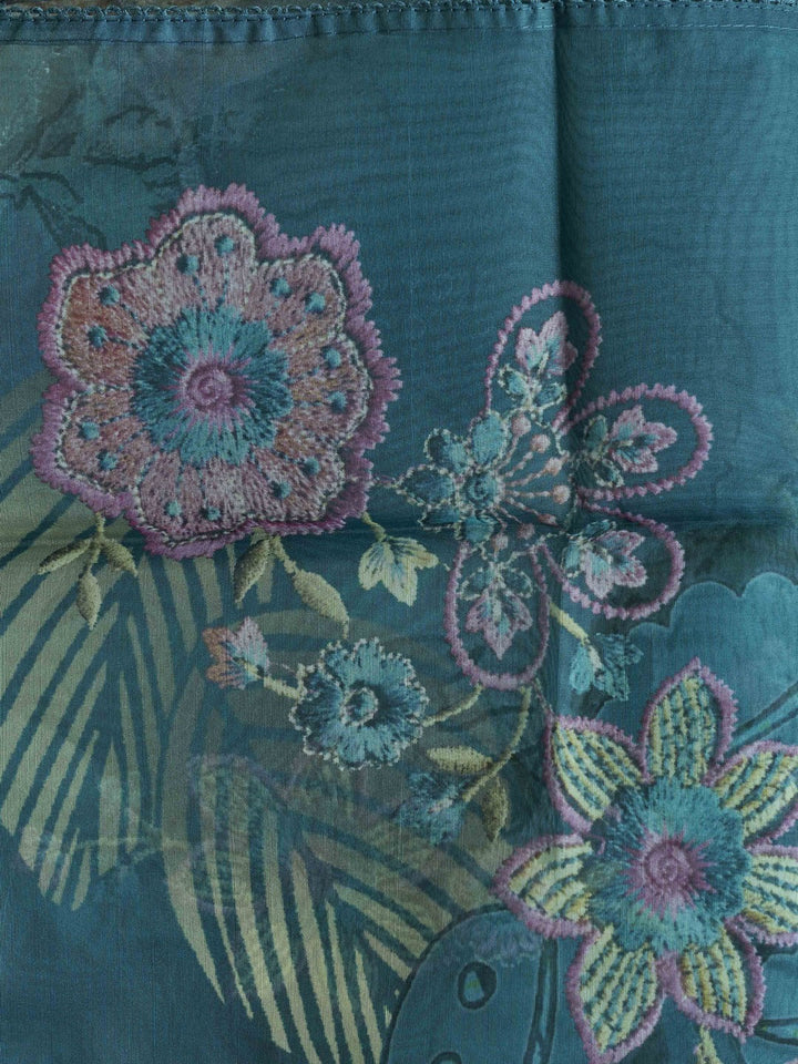 Teal-Organza-Embroidered-&-Printed-A-Line-3-Piece-Kurta-Set