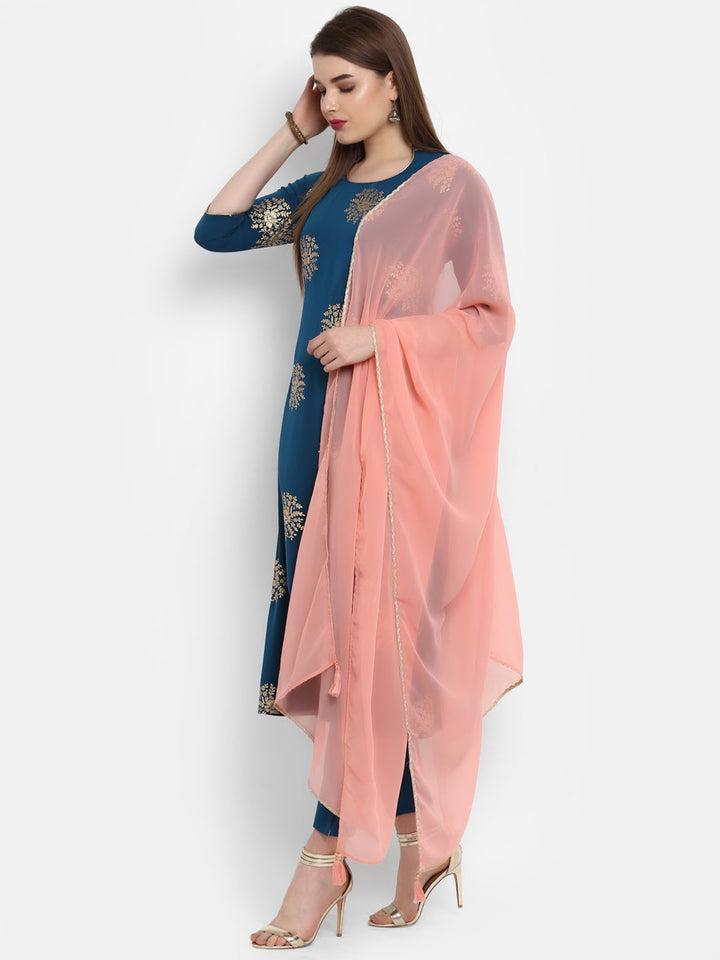 Teal Poly Crepe Golden Print Kurta Set
