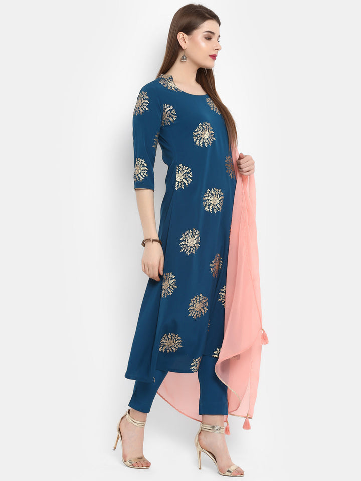 Teal Poly Crepe Golden Print Kurta Set