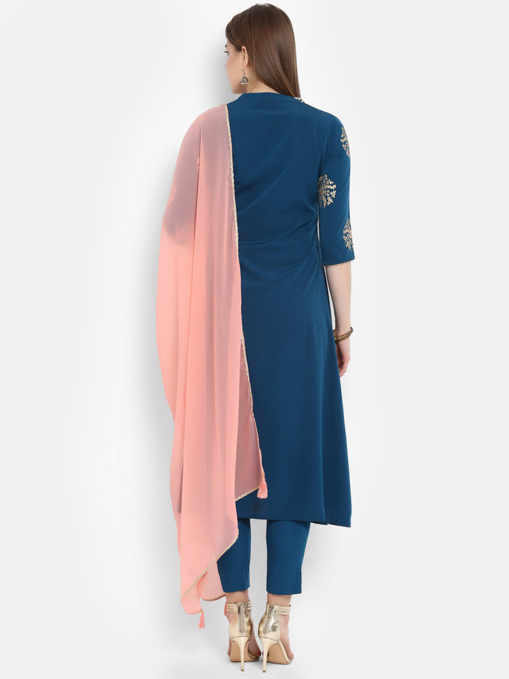 Teal Poly Crepe Golden Print Kurta Set