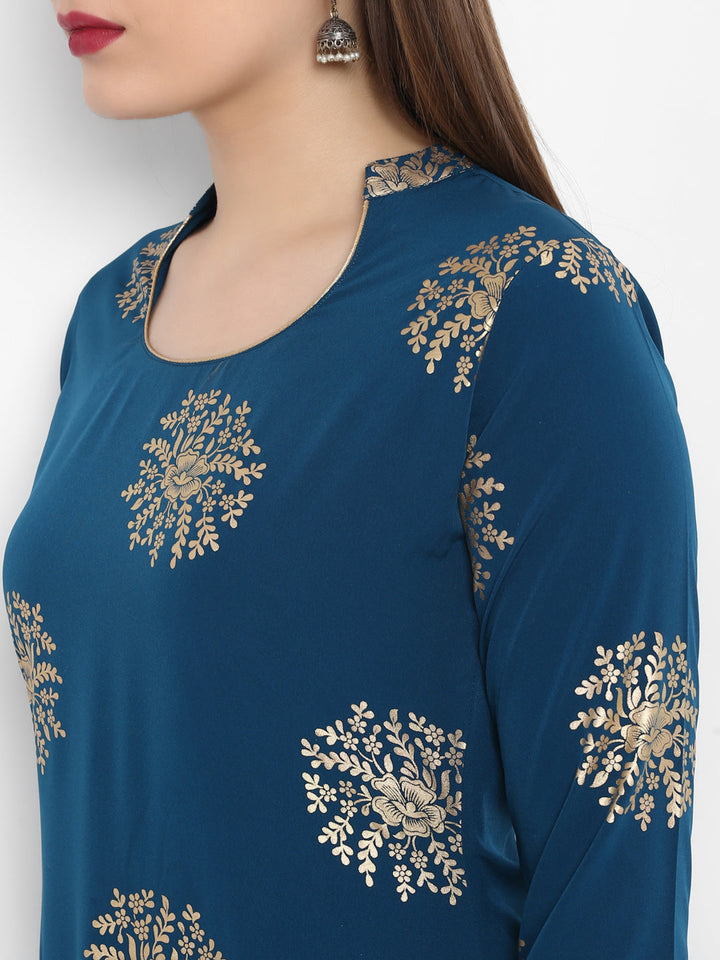 Teal Poly Crepe Golden Print Kurta Set
