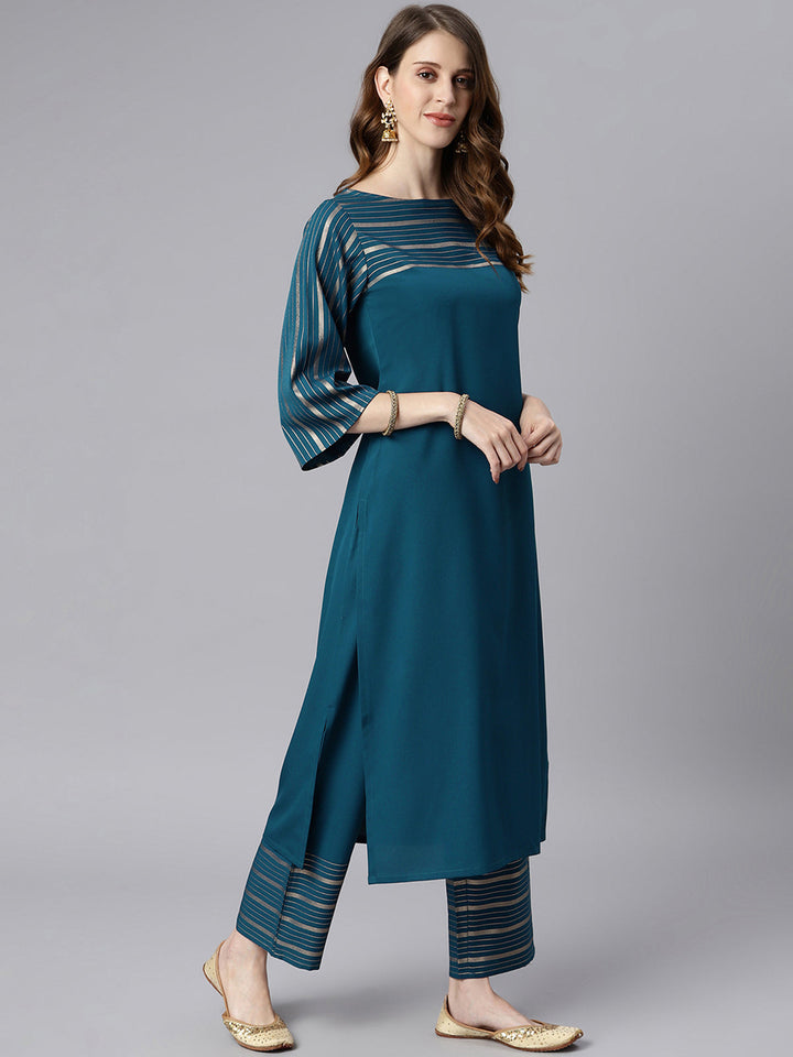 Teal Poly Crepe Striped Kurta & Pant Set