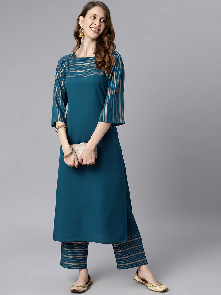 Teal Poly Crepe Striped Kurta & Pant Set