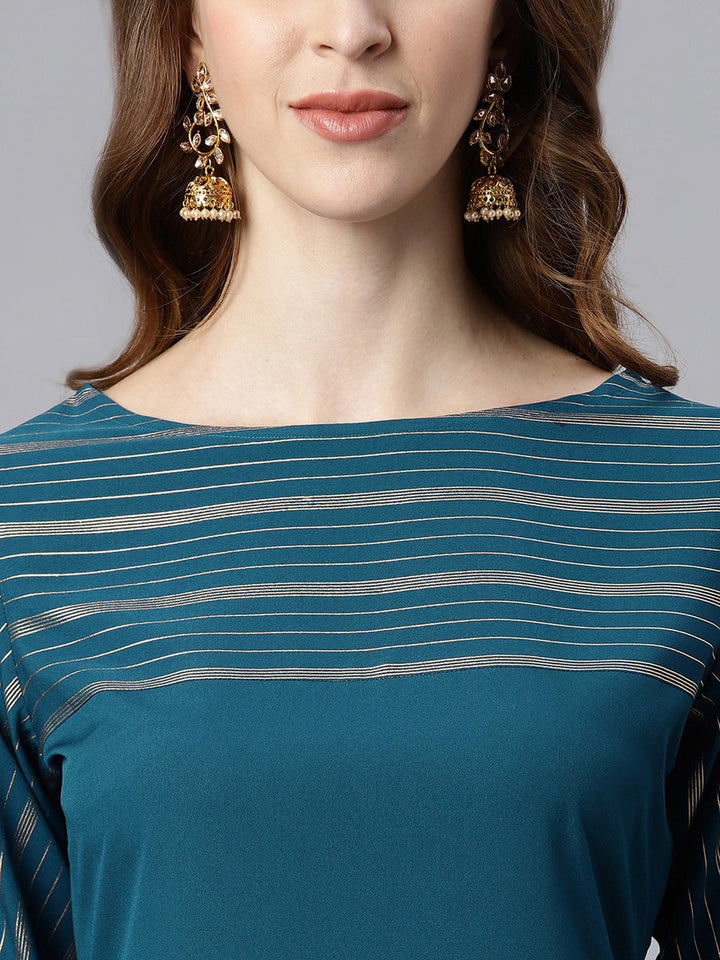 Teal Poly Crepe Striped Kurta & Pant Set