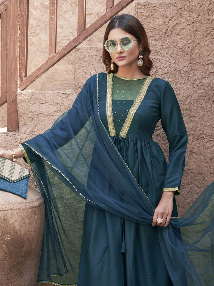 Teal-Silk-Blend-Sequinns-Net-Patch-Gathered-3-Piece-Kurta-Set