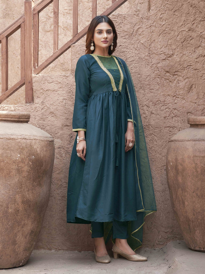 Teal-Silk-Blend-Sequinns-Net-Patch-Gathered-3-Piece-Kurta-Set
