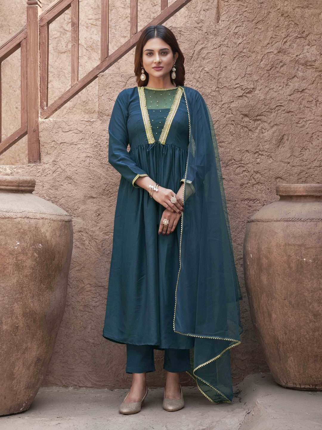 Teal-Silk-Blend-Sequinns-Net-Patch-Gathered-3-Piece-Kurta-Set