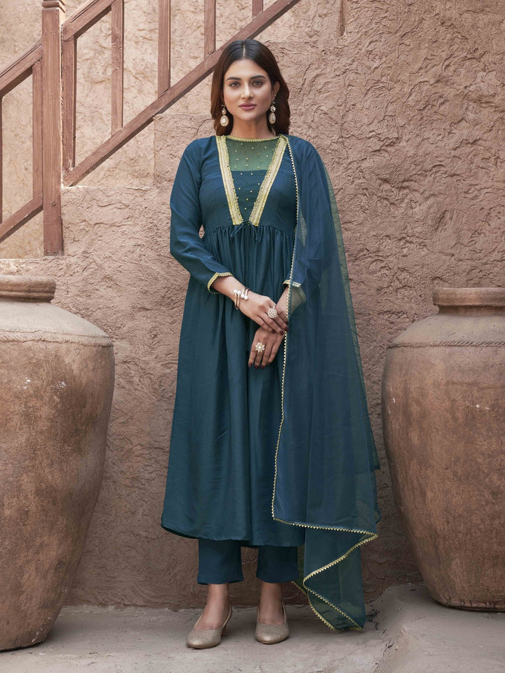 Teal-Silk-Blend-Sequinns-Net-Patch-Gathered-3-Piece-Kurta-Set