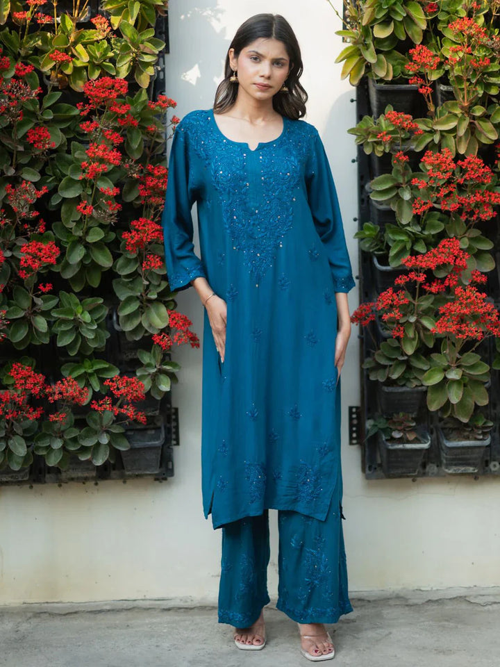 Teal-Viscose-Blossom-Mukaish-2-Piece-Kurta-Set