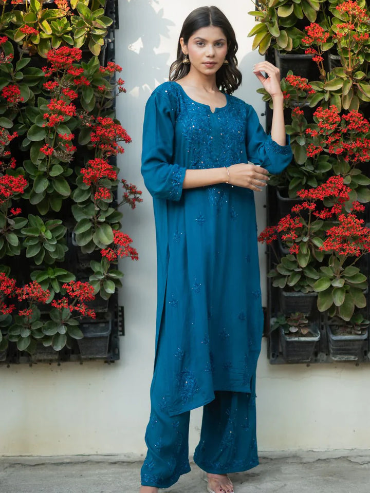 Teal-Viscose-Blossom-Mukaish-2-Piece-Kurta-Set