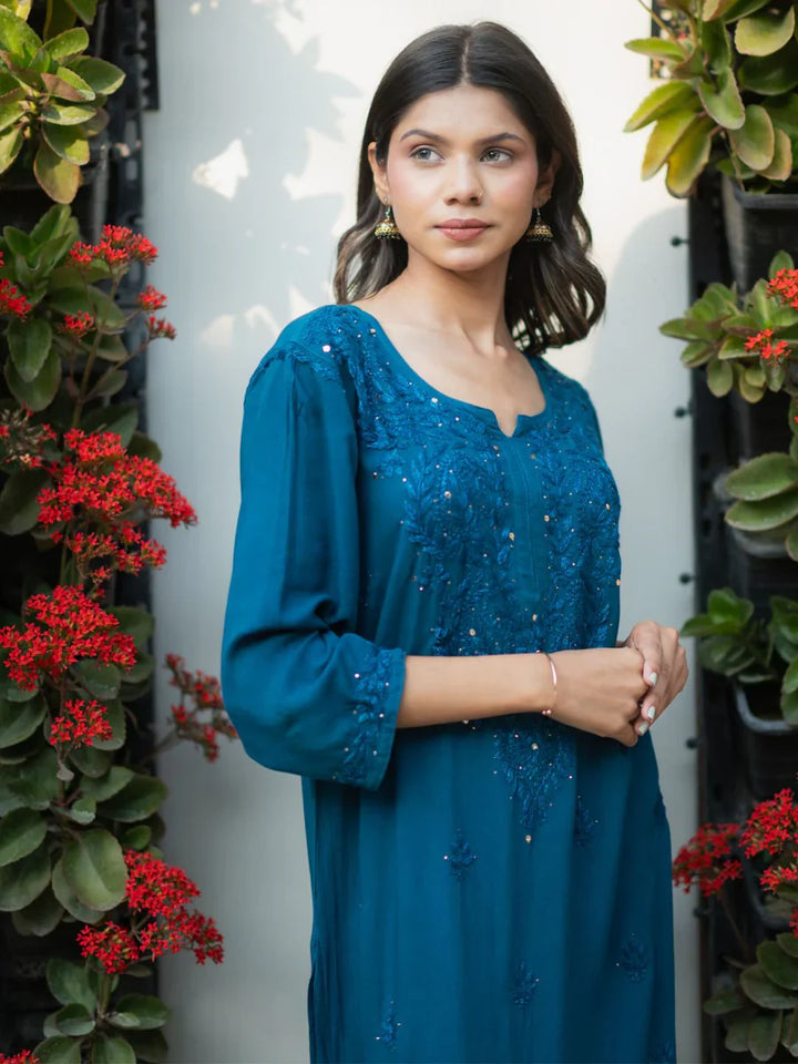 Teal-Viscose-Blossom-Mukaish-2-Piece-Kurta-Set