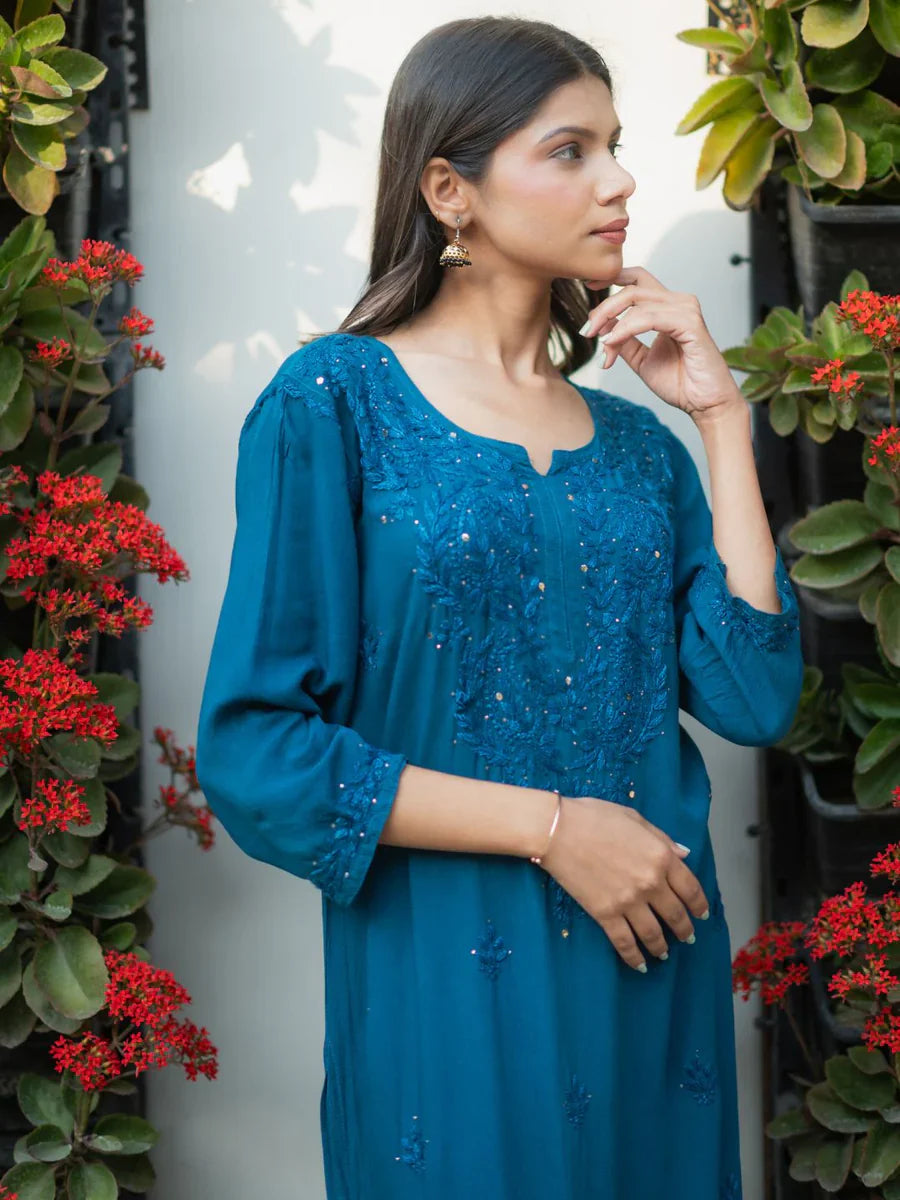 Teal-Viscose-Blossom-Mukaish-2-Piece-Kurta-Set