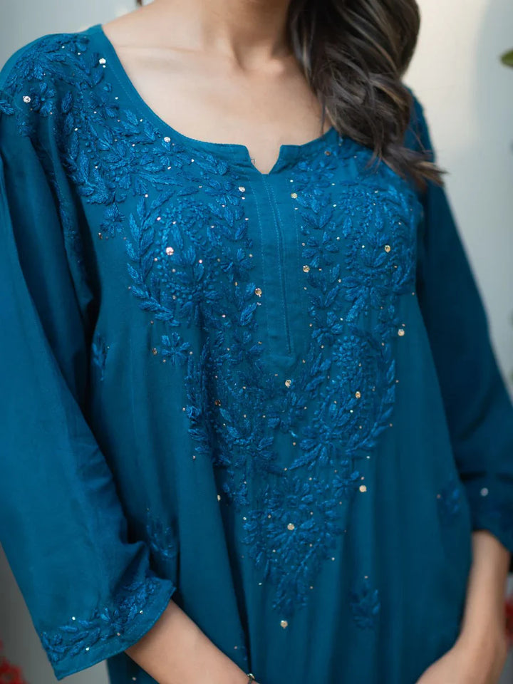 Teal-Viscose-Blossom-Mukaish-2-Piece-Kurta-Set