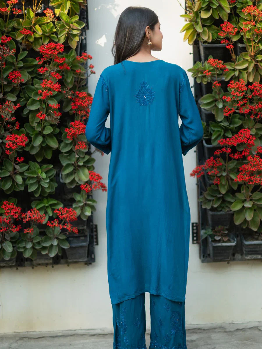 Teal-Viscose-Blossom-Mukaish-2-Piece-Kurta-Set