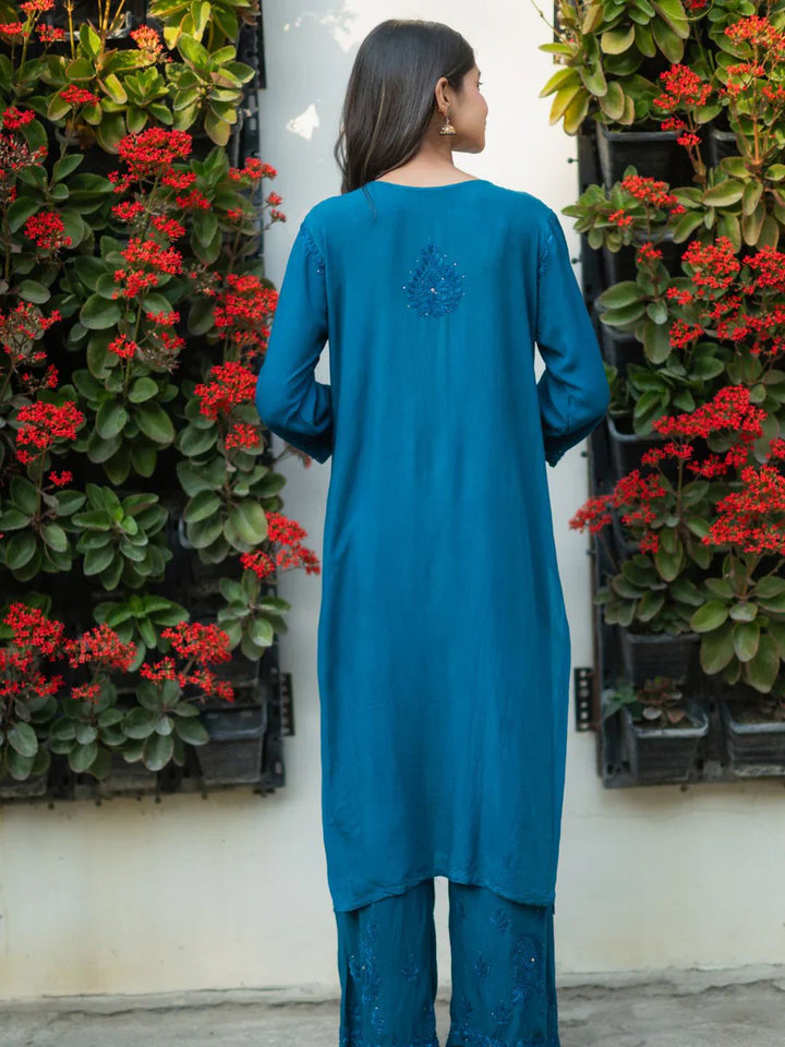 Teal-Viscose-Blossom-Mukaish-2-Piece-Kurta-Set