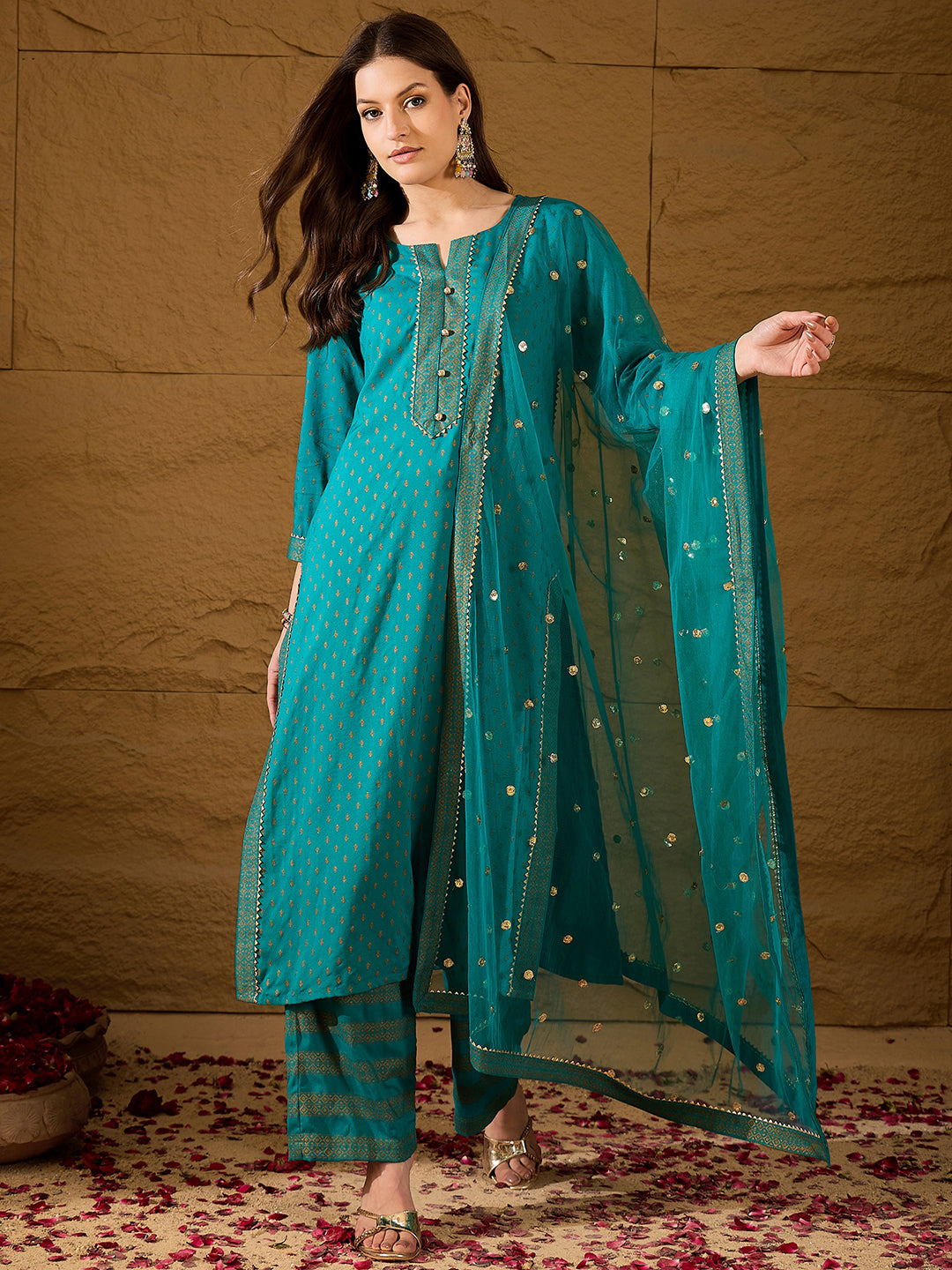 Teal-Viscose-Rayon-Motifs-Printed-3-Piece-Kurta-Set