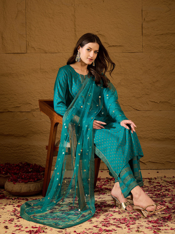 Teal-Viscose-Rayon-Motifs-Printed-3-Piece-Kurta-Set