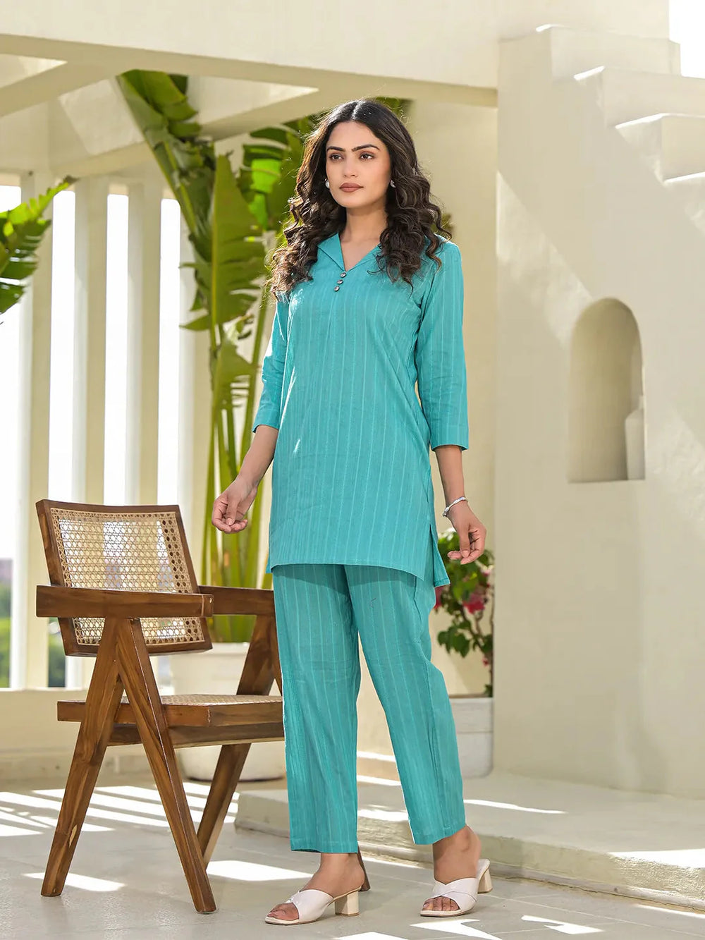 Turquoise-Blue-Cotton-Striped-Co-Ord-Set