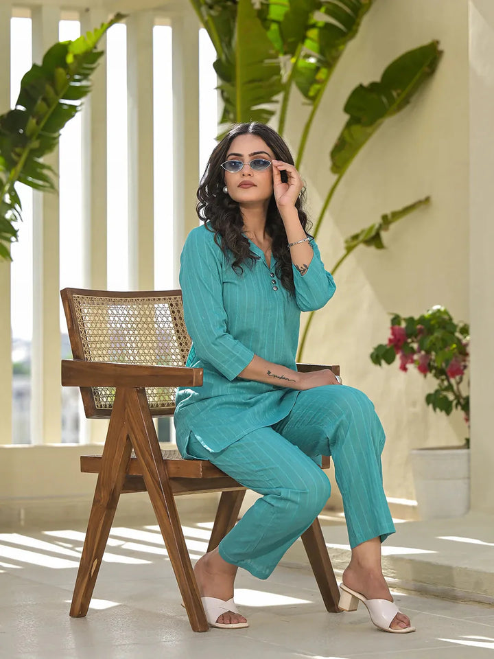 Turquoise-Blue-Cotton-Striped-Co-Ord-Set