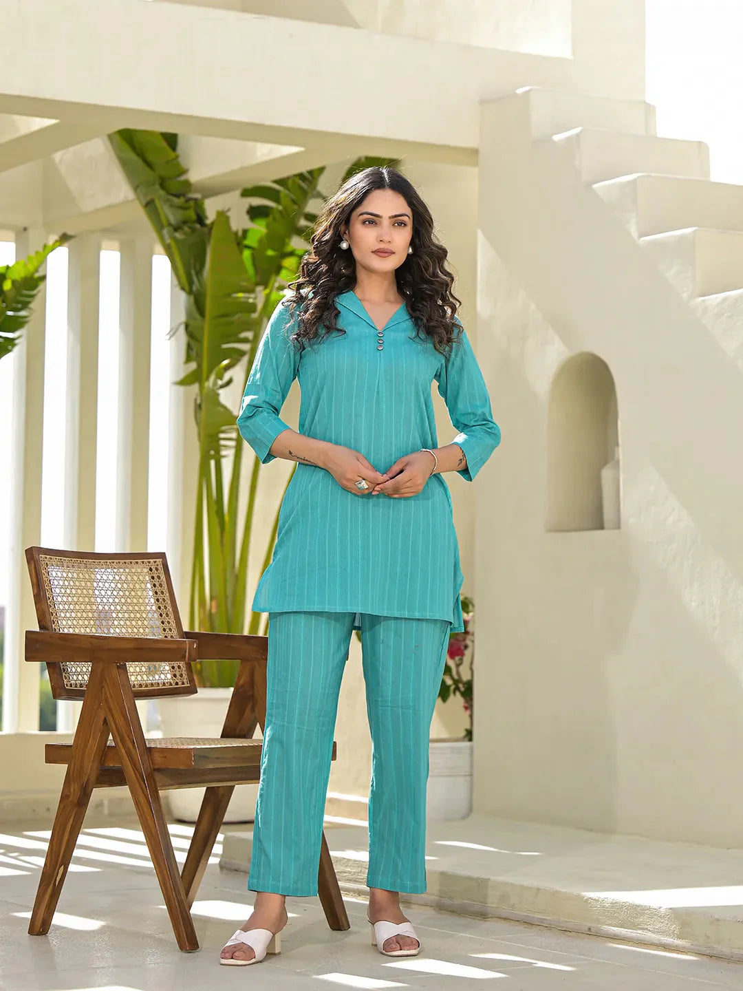 Turquoise-Blue-Cotton-Striped-Co-Ord-Set