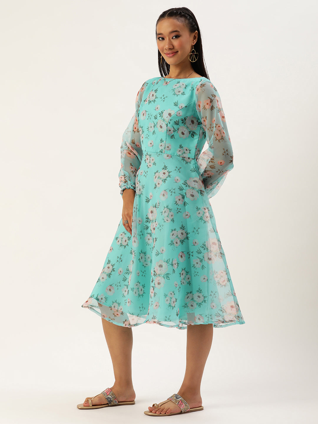 Turquoise Blue Digital Printed Organza Dress