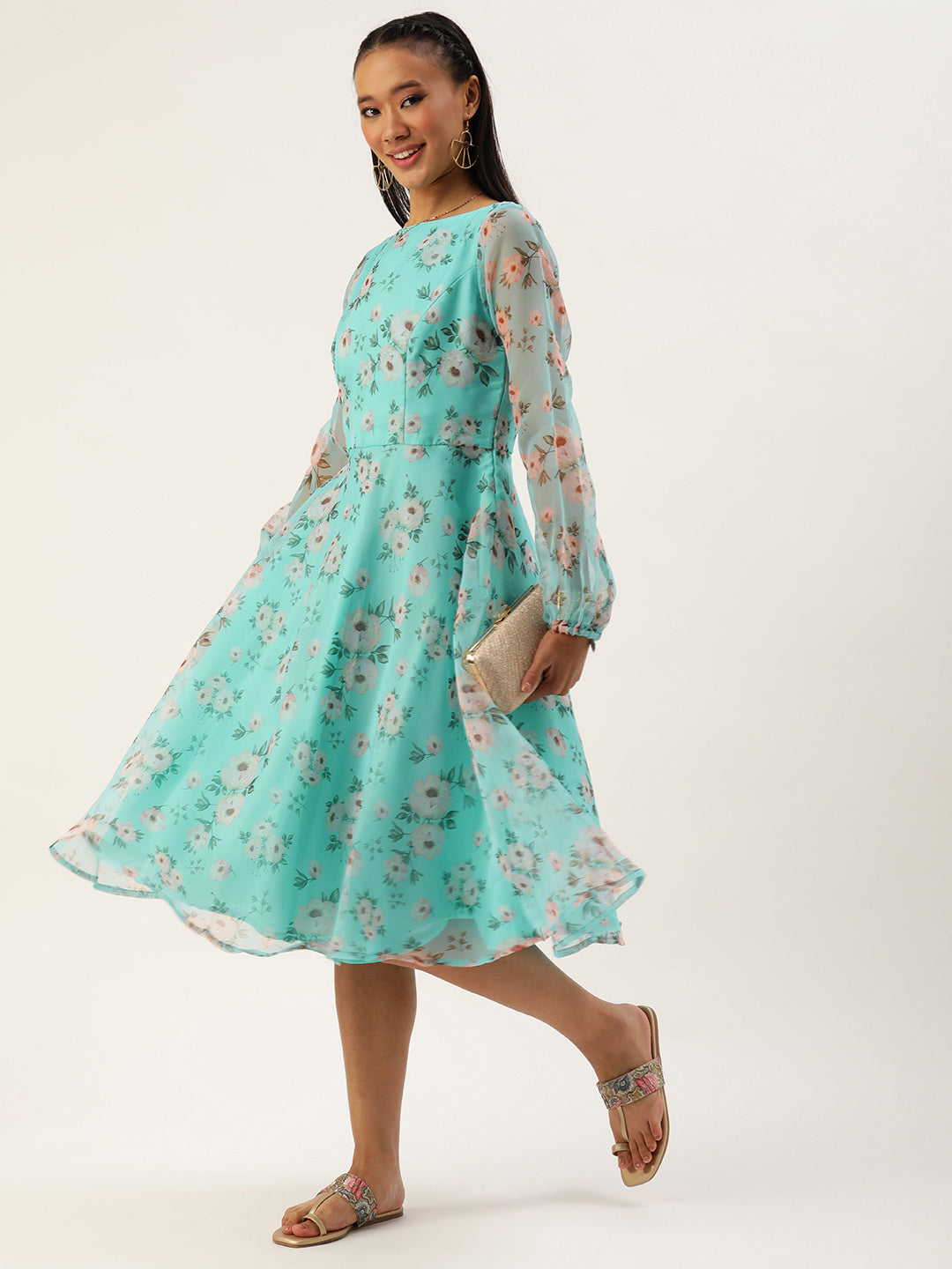 Turquoise Blue Digital Printed Organza Dress