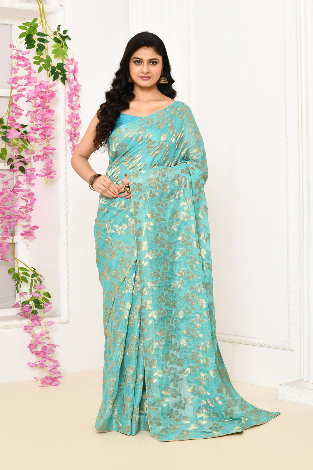 ZERESOUQ-Turquoise-Blue-Jute-Upada-Golden-Leaf-Pattern-Saree