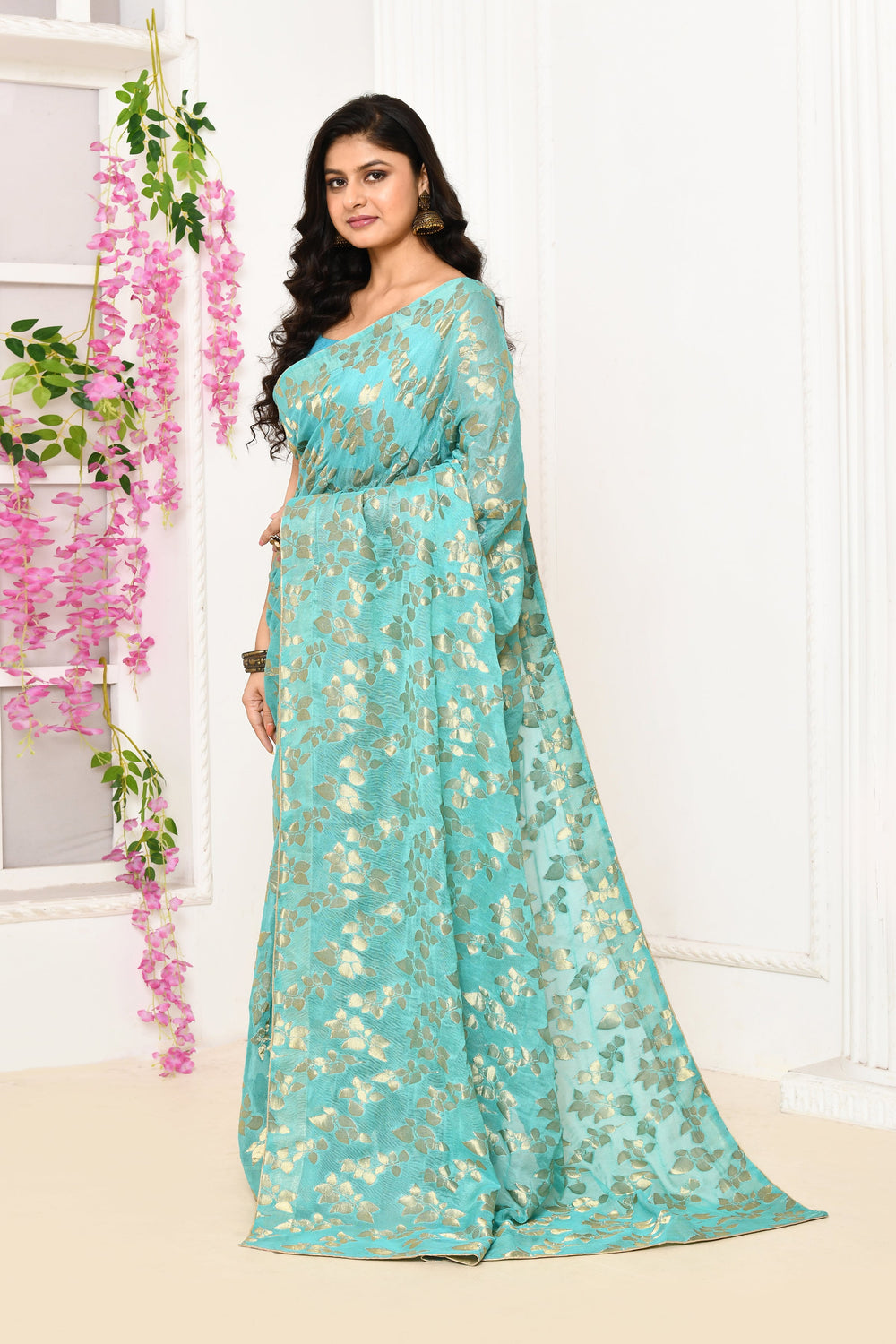 ZERESOUQ-Turquoise-Blue-Jute-Upada-Golden-Leaf-Pattern-Saree