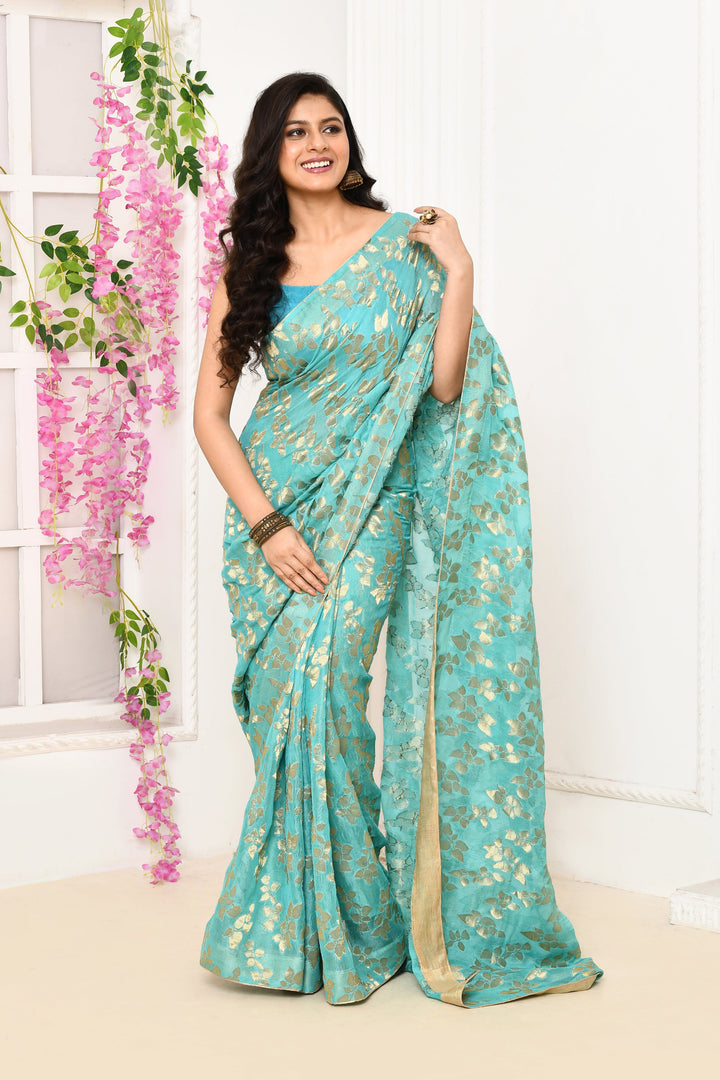 Turquoise-Blue-Jute-Upada-Golden-Leaf-Pattern-Saree