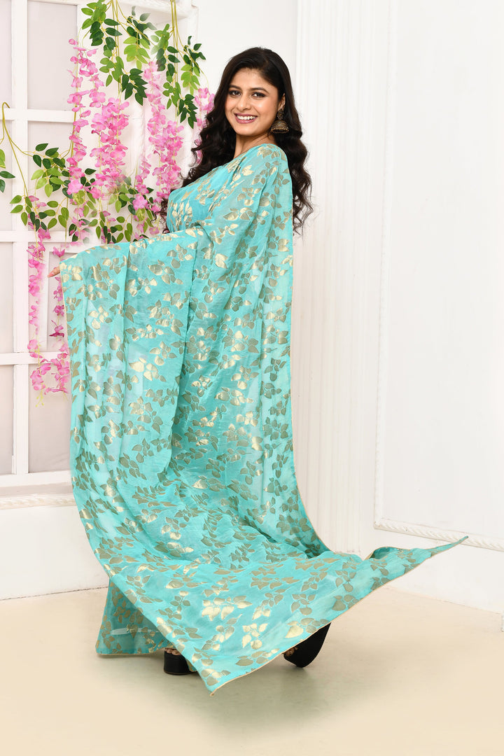 Turquoise-Blue-Jute-Upada-Golden-Leaf-Pattern-Saree