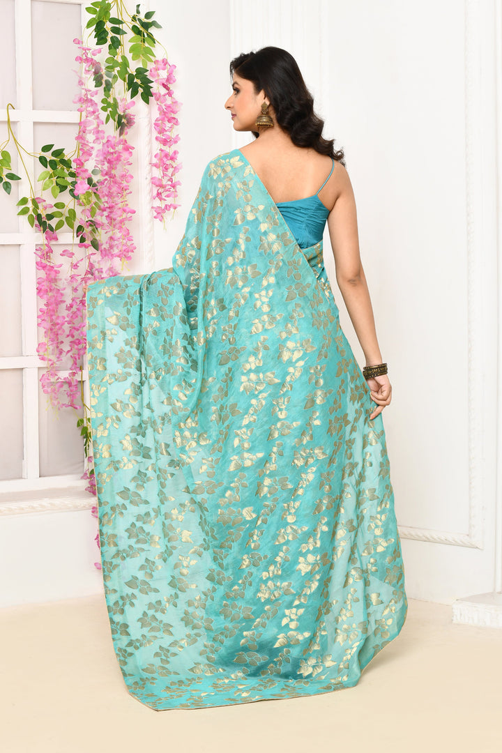 Turquoise-Blue-Jute-Upada-Golden-Leaf-Pattern-Saree