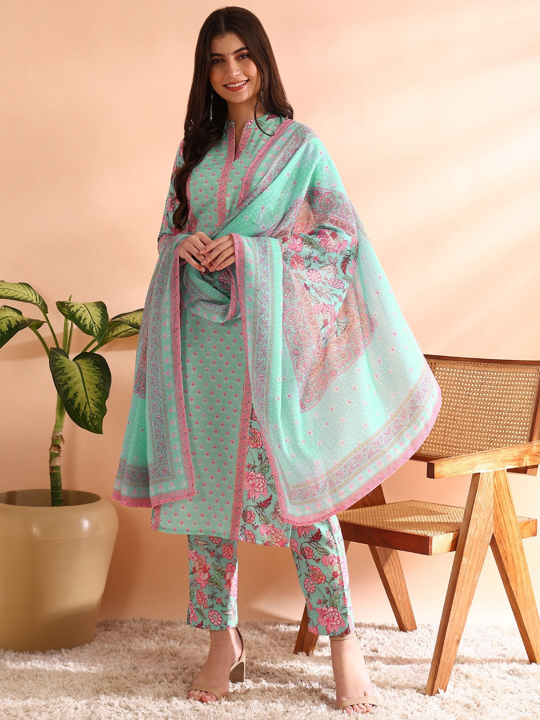 Turquoise-Blue-Poly-Rayon-Floral-Printed-3-Piece-Kurta-Set